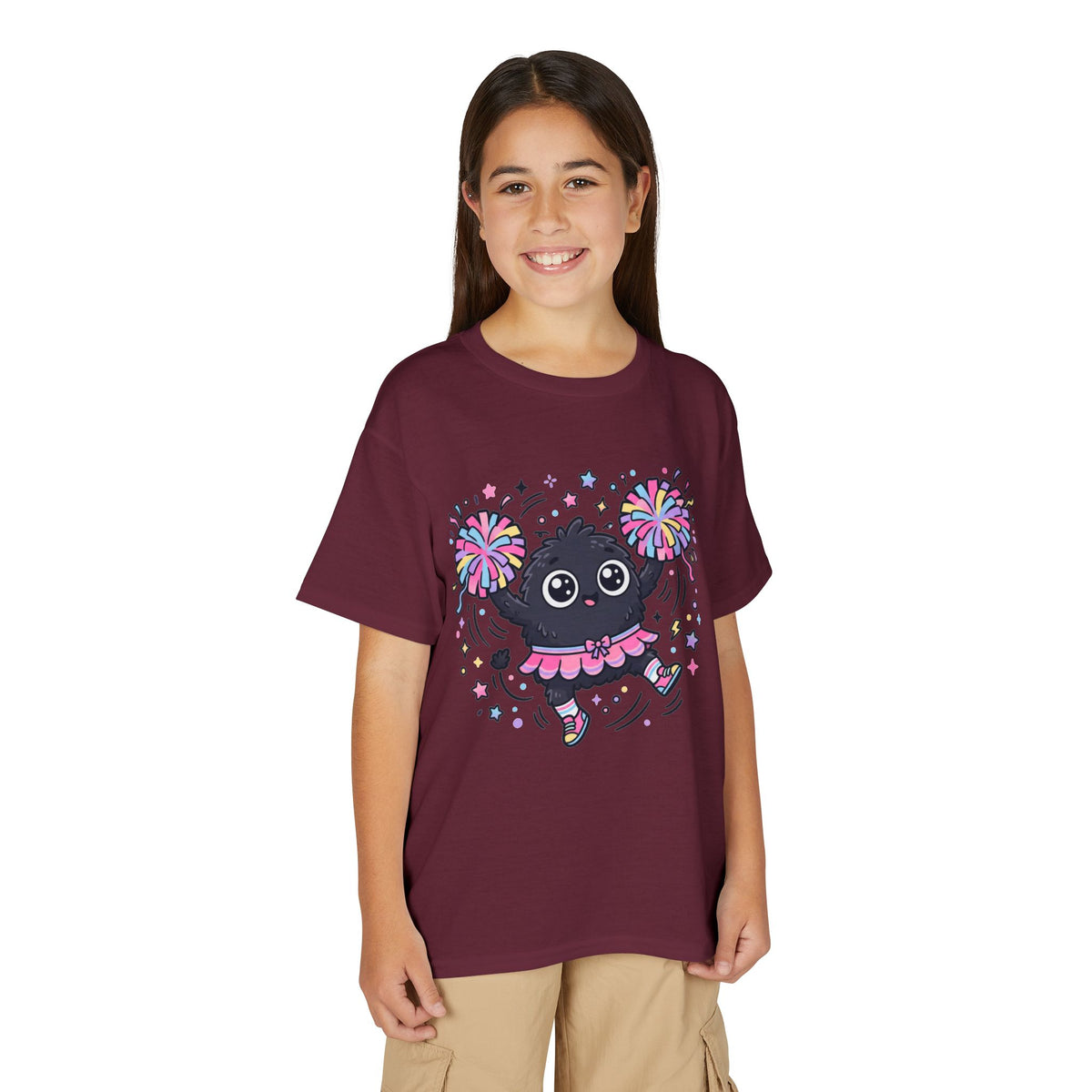 Cute Black Kitty Cheerleader Youth T-Shirt — Pom-Pom Dancing Cat Tee