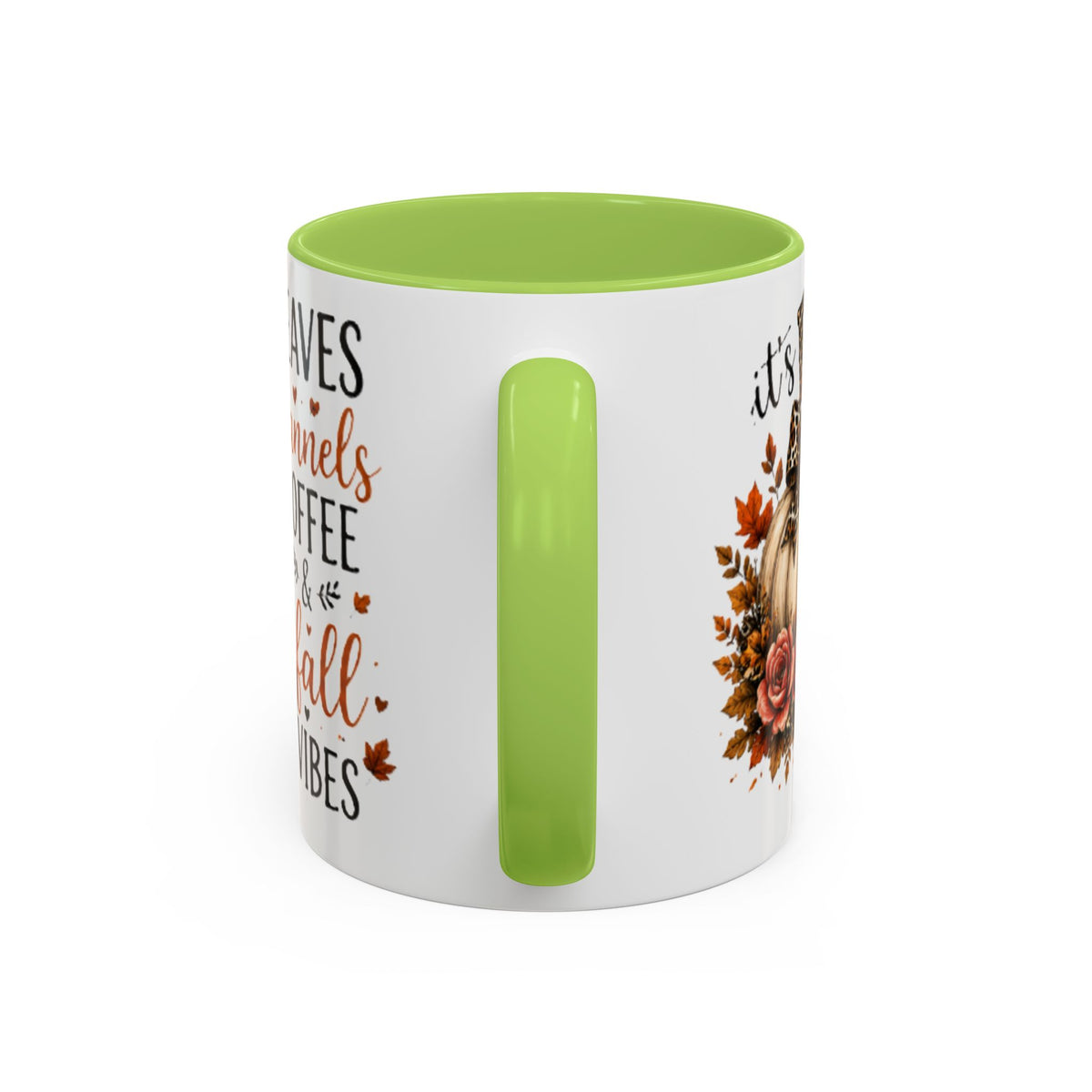 White coffee mug with lime green handle and fall text graphic on the side