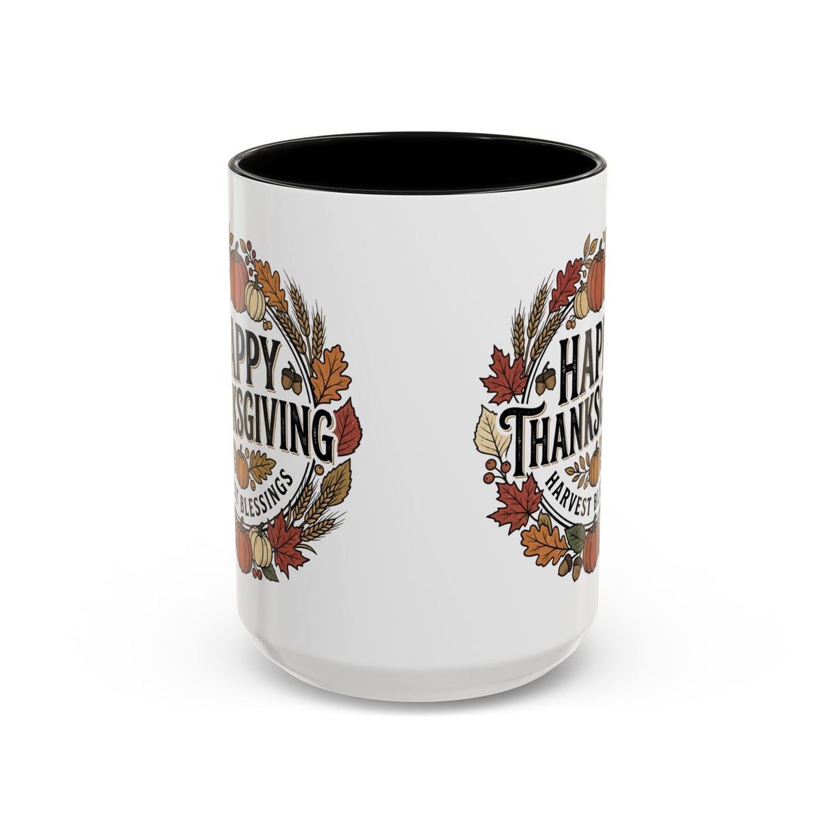 Happy Thanksgiving Accent Coffee Mug — "Harvest Blessings" Fall Pumpkin Wreath (11/15 oz)