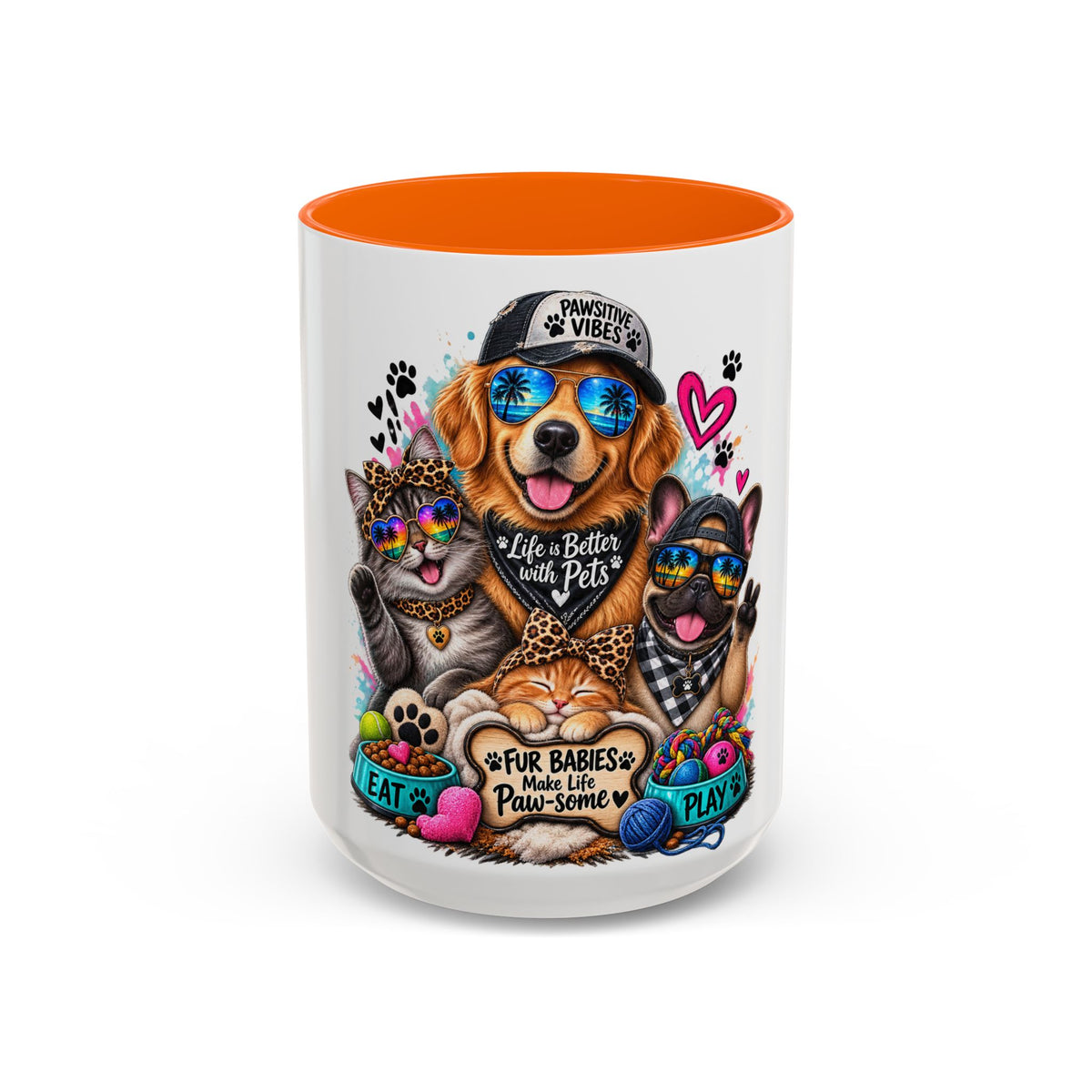 Coffee Mug — "Life is Better with Pets" Colorful Dog & Cat Paw-some Design (11/15 oz)