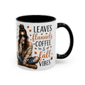 Black-lined autumn coffee mug with girl holding a cup and “Leaves, Flannels, Coffee & Fall Vibes”