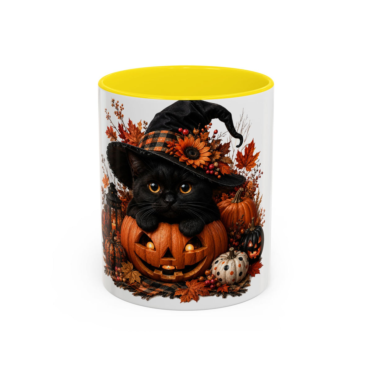 Halloween Black Cat Pumpkin Coffee Mug – Autumn Witch Hat Accent Mug (11/15oz)