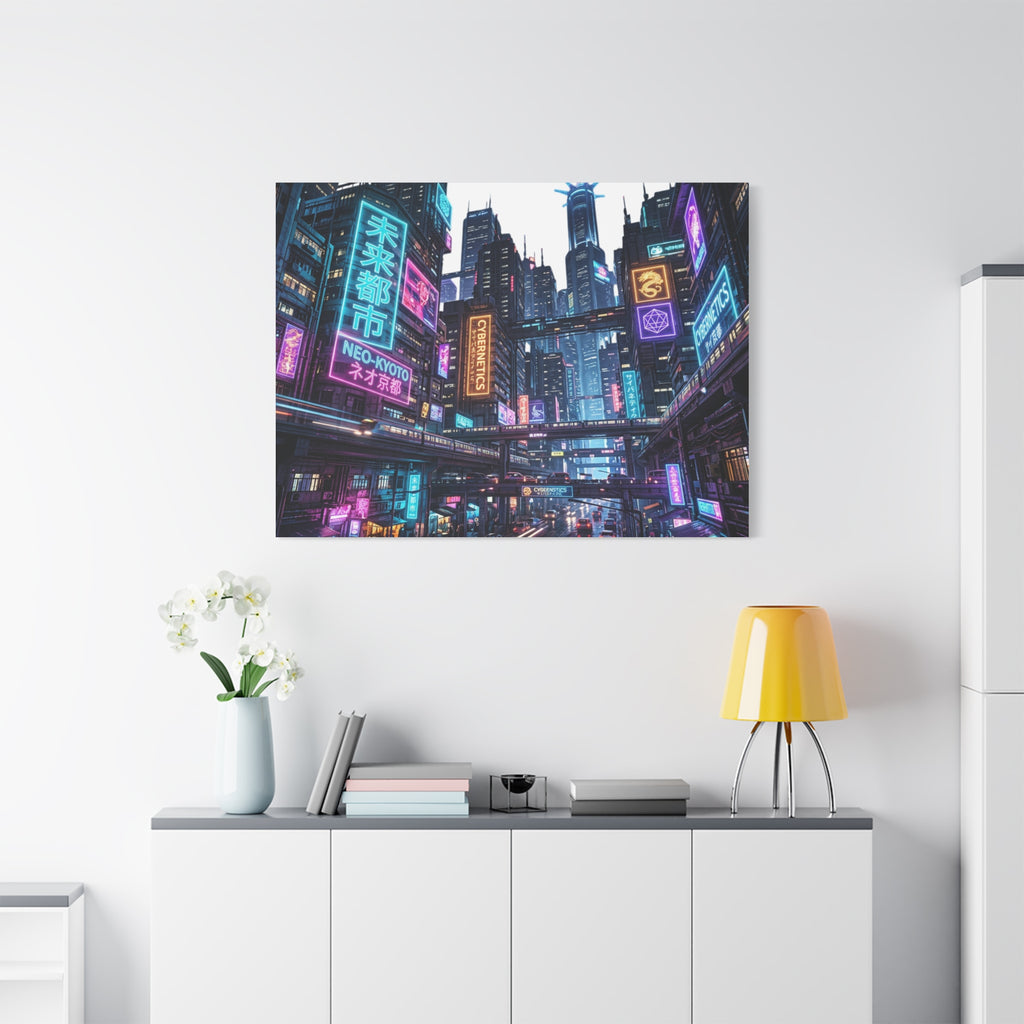 Neo-Kyoto Cyberpunk City Matte Canvas Print
