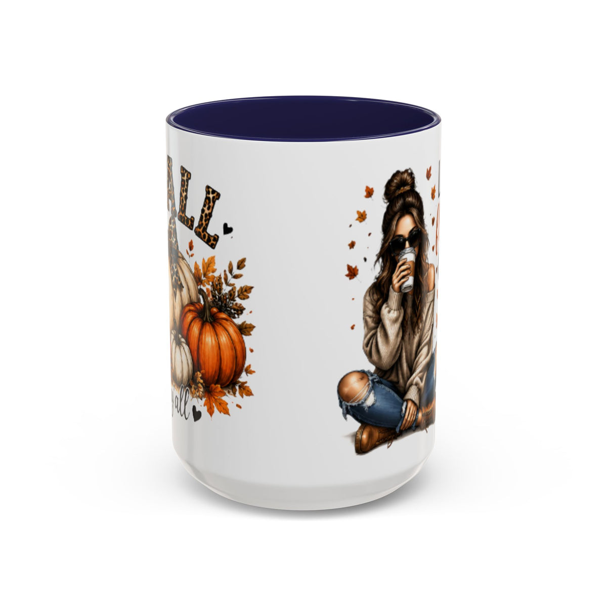 White mug with navy interior, autumn pumpkin and woman drinking coffee graphic