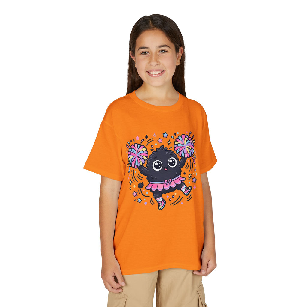 Cute Black Kitty Cheerleader Youth T-Shirt — Pom-Pom Dancing Cat Tee