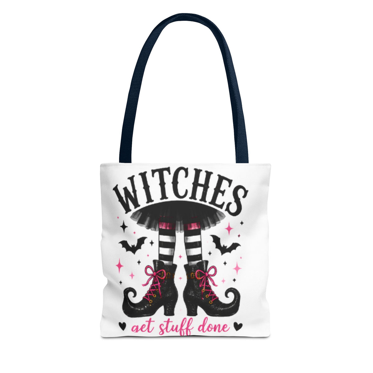 White tote bag with dark navy handles, WITCHES print and witch boots with "get stuff done".