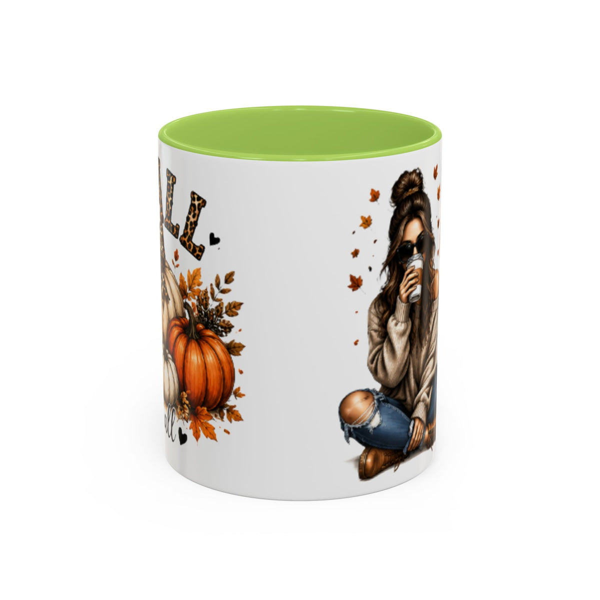 White autumn coffee mug with light green interior rim and fall woman and pumpkin graphic.