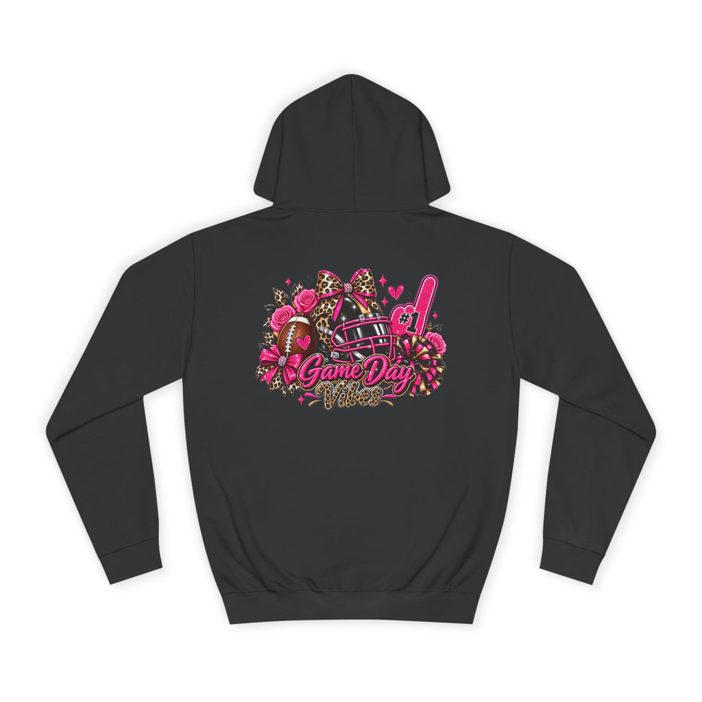 Game Day Cheer Hoodie — Pink Football Floral Design by Printify, black hoodie with a pink football, flowers, bows, pom poms, and Game Day graphic