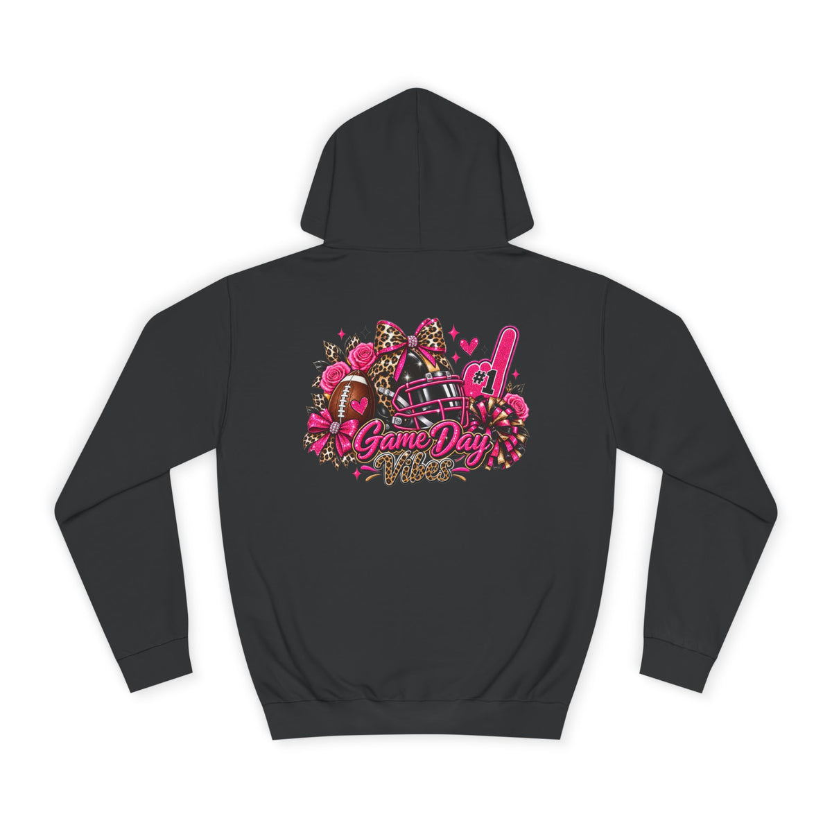 Game Day Cheer Hoodie — Pink Football Floral Design by Printify, black hoodie with a pink football, flowers, bows, pom poms, and Game Day graphic