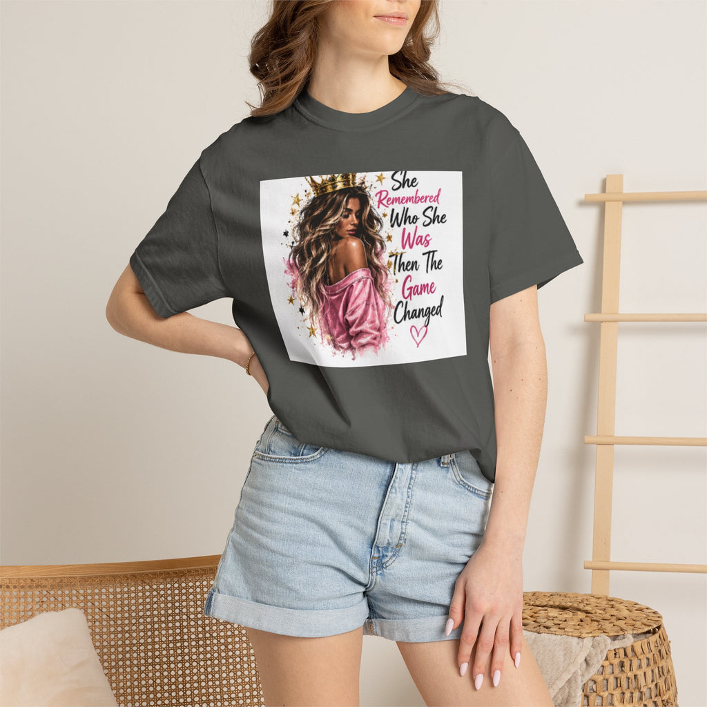 T-Shirt — 'She Remembered Who She Was' Empowerment Tee (Woman Portrait, Inspirational Quote)