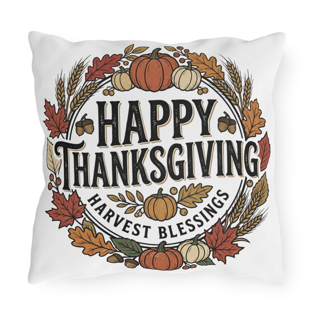 Happy Thanksgiving Harvest Blessings Outdoor Pillow — Fall Pumpkin & Leaf Decorative Throw