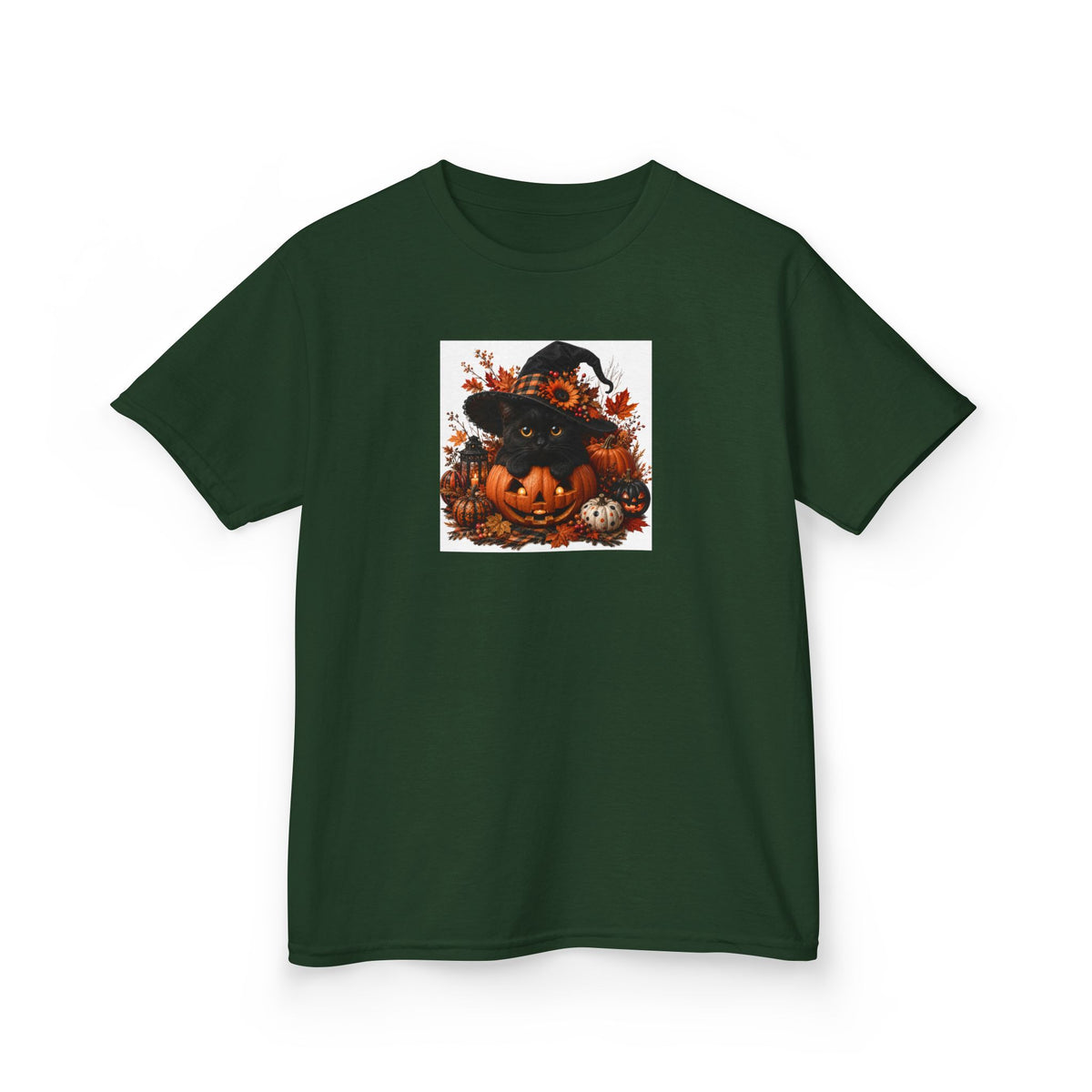 Kids Tee — Halloween Black Cat with Witch Hat & Pumpkins