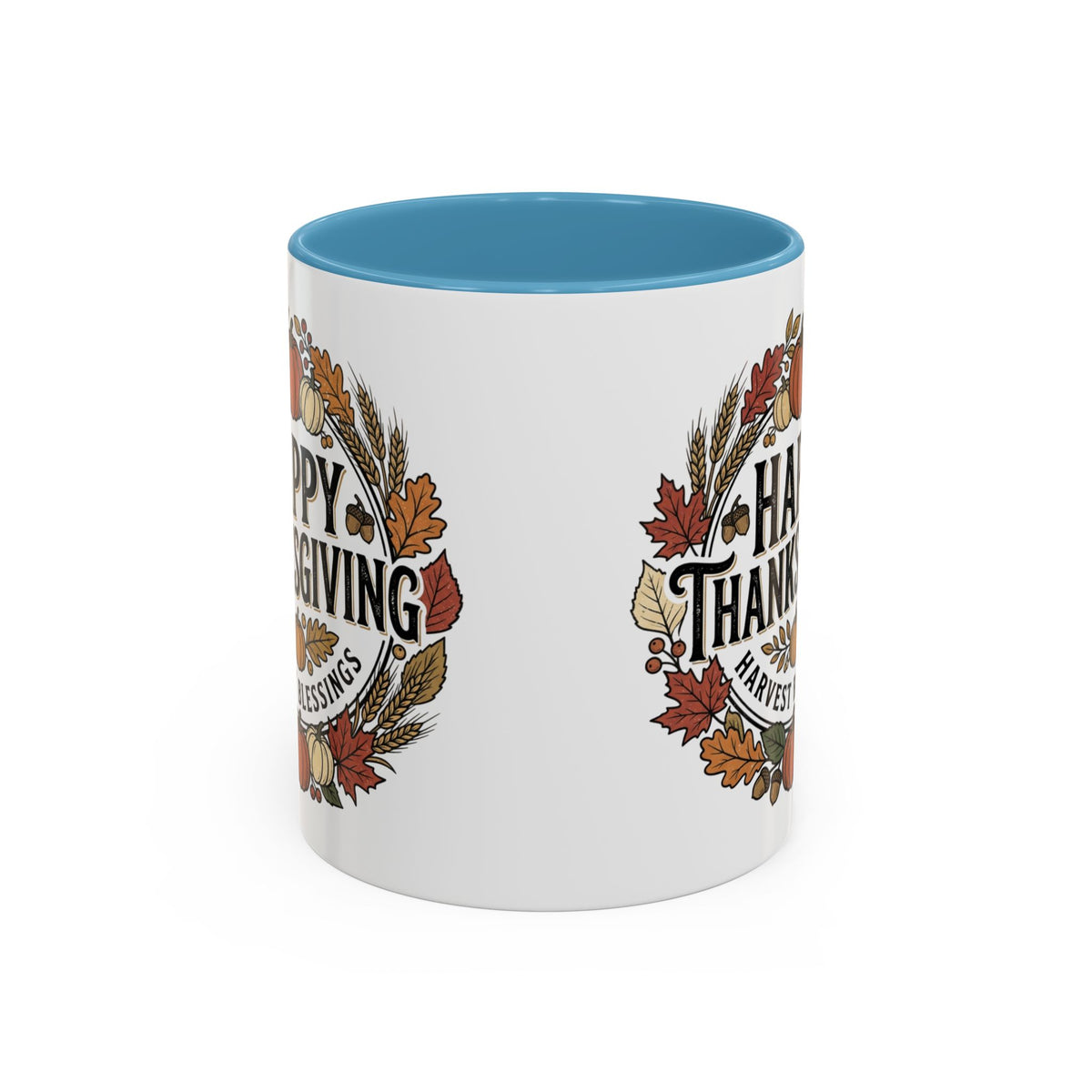 Happy Thanksgiving Accent Coffee Mug — "Harvest Blessings" Fall Pumpkin Wreath (11/15 oz)