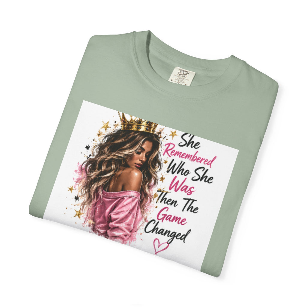 T-Shirt — 'She Remembered Who She Was' Empowerment Tee (Woman Portrait, Inspirational Quote)