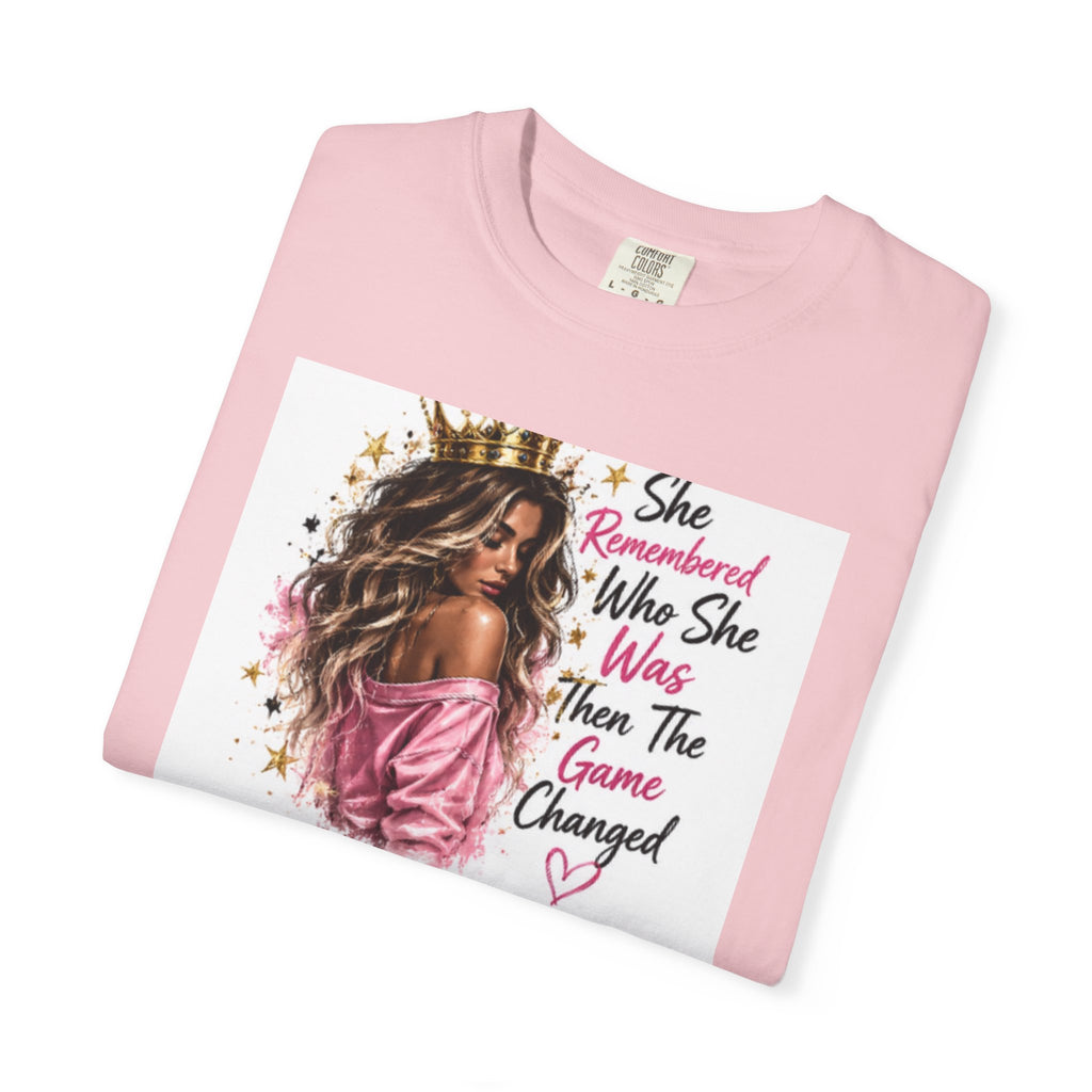 T-Shirt — 'She Remembered Who She Was' Empowerment Tee (Woman Portrait, Inspirational Quote)
