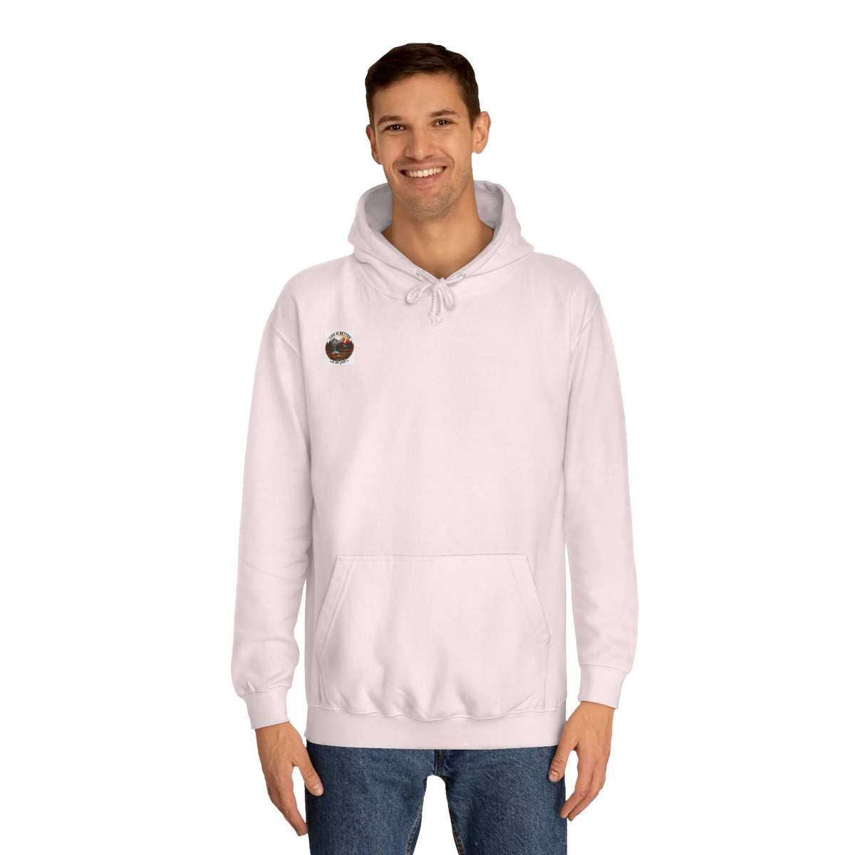 White pullover hoodie with drawstring hood, front pouch pocket, small chest patch