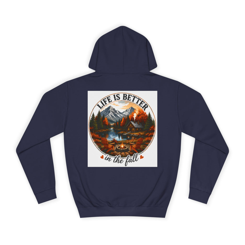 Navy pullover hoodie with hood and kangaroo pocket; back graphic print.