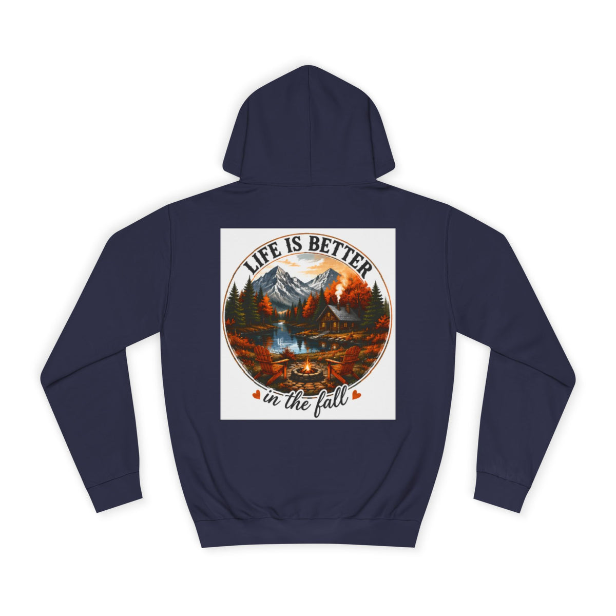 Navy pullover hoodie with hood and kangaroo pocket; back graphic print.