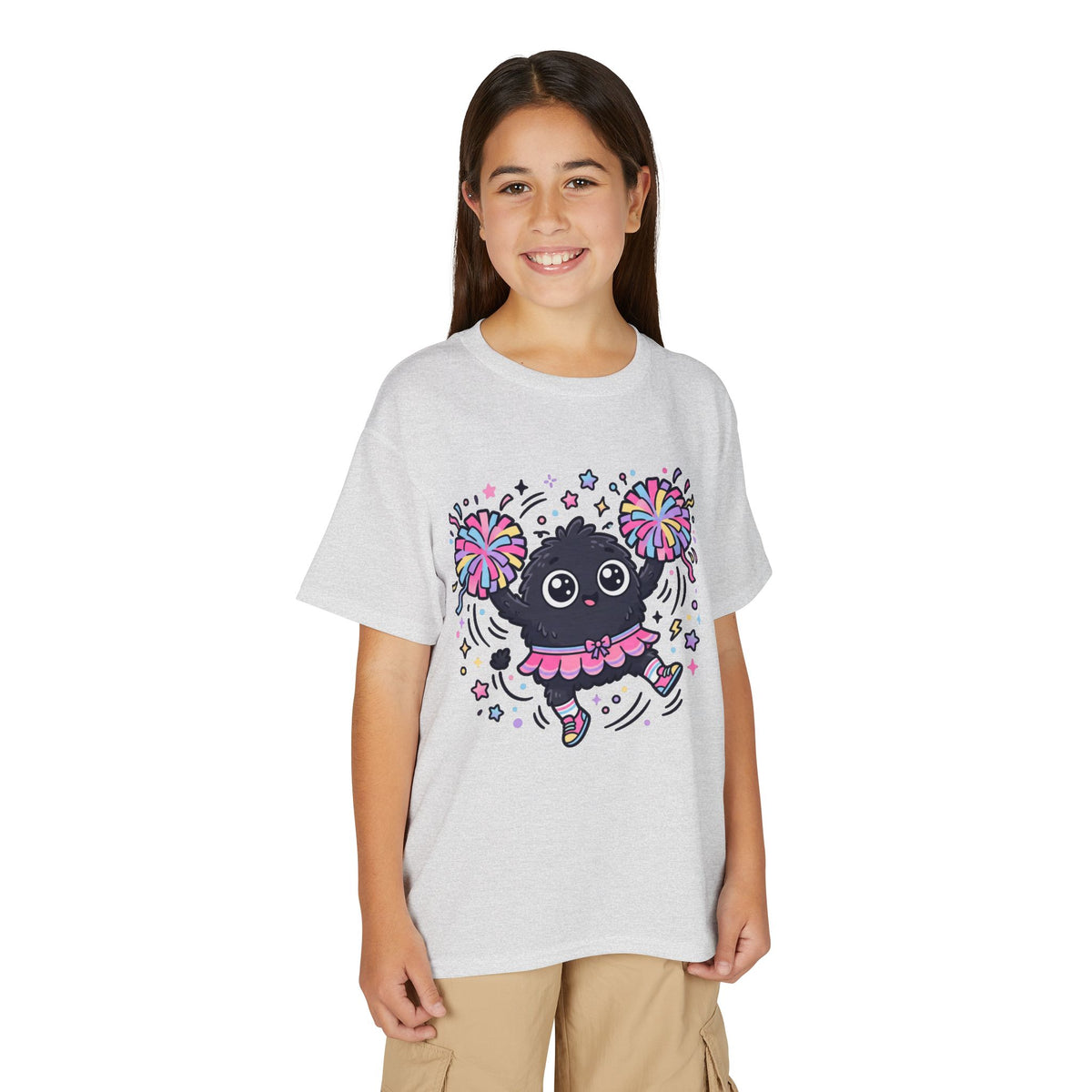 Cute Black Kitty Cheerleader Youth T-Shirt — Pom-Pom Dancing Cat Tee