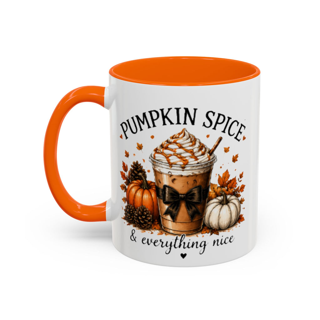 Orange-accent white coffee mug with Pumpkin Spice graphic and bow detail.