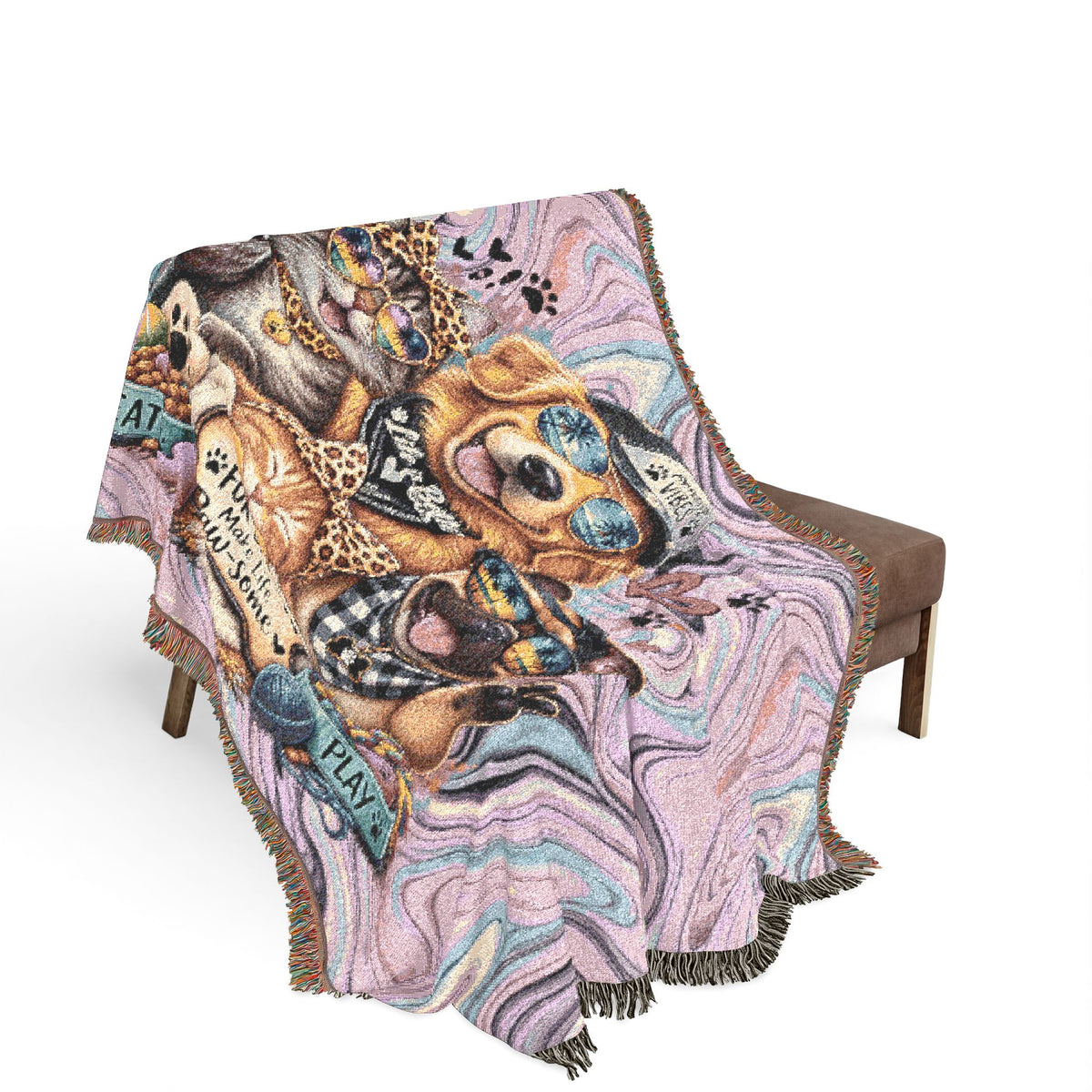 Psychedelic Pet Portrait Woven Blanket — Dog & Cats Floral Tapestry Throw