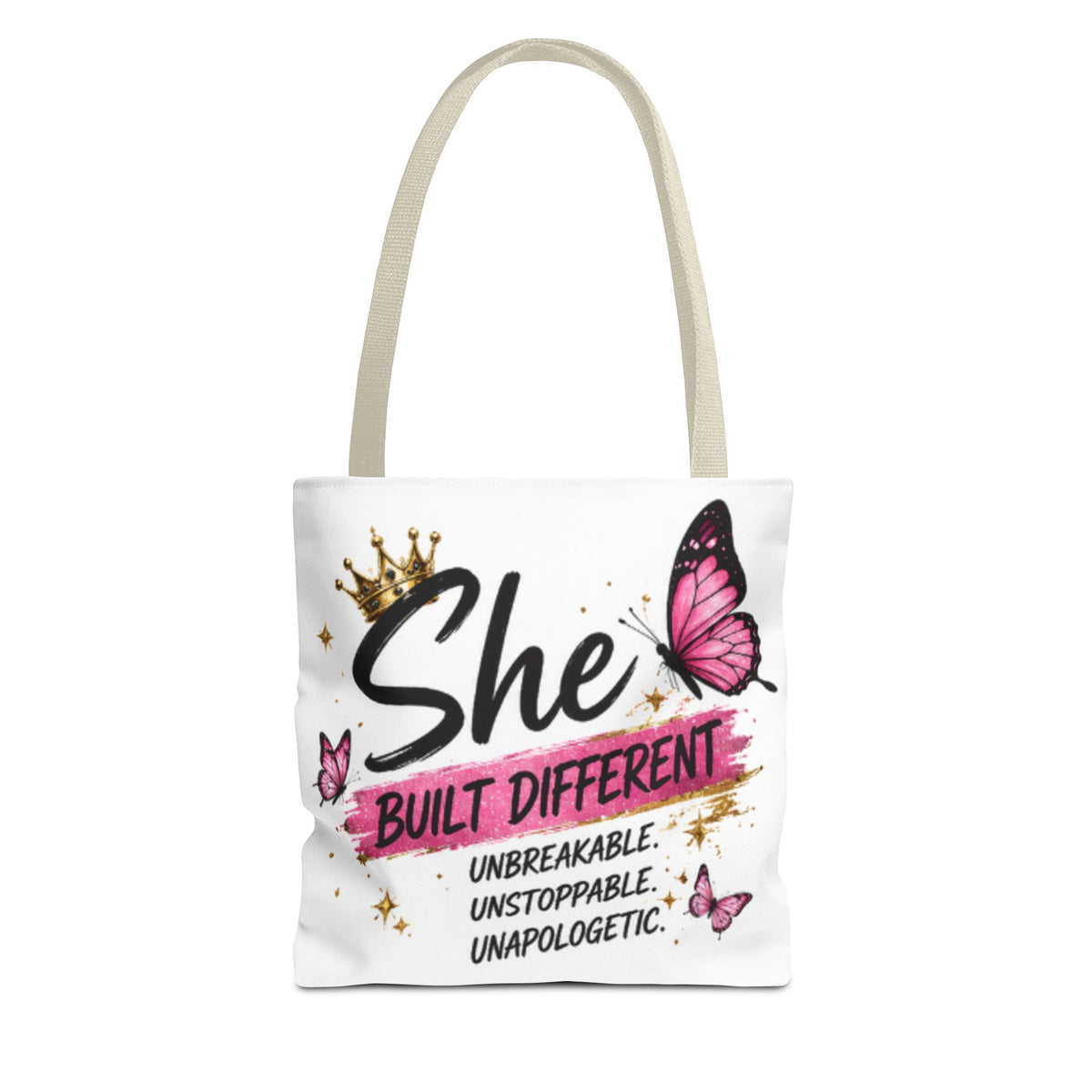 Light gray-handled tote bag with 'She Built Different' lettering and butterfly graphic
