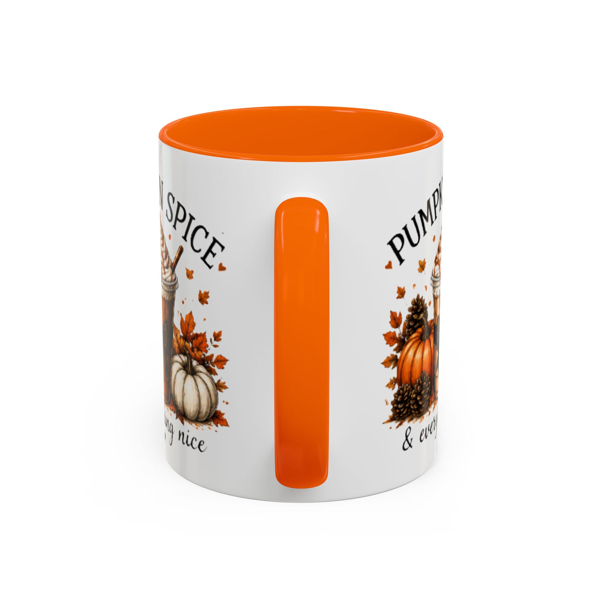 White coffee mug with orange rim and vertical handle; pumpkin seasonal side artwork.