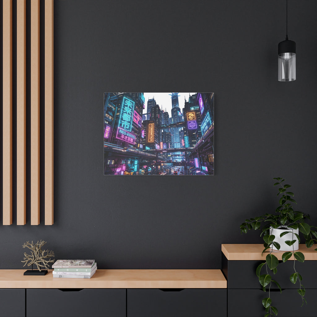Neo-Kyoto Cyberpunk City Matte Canvas Print