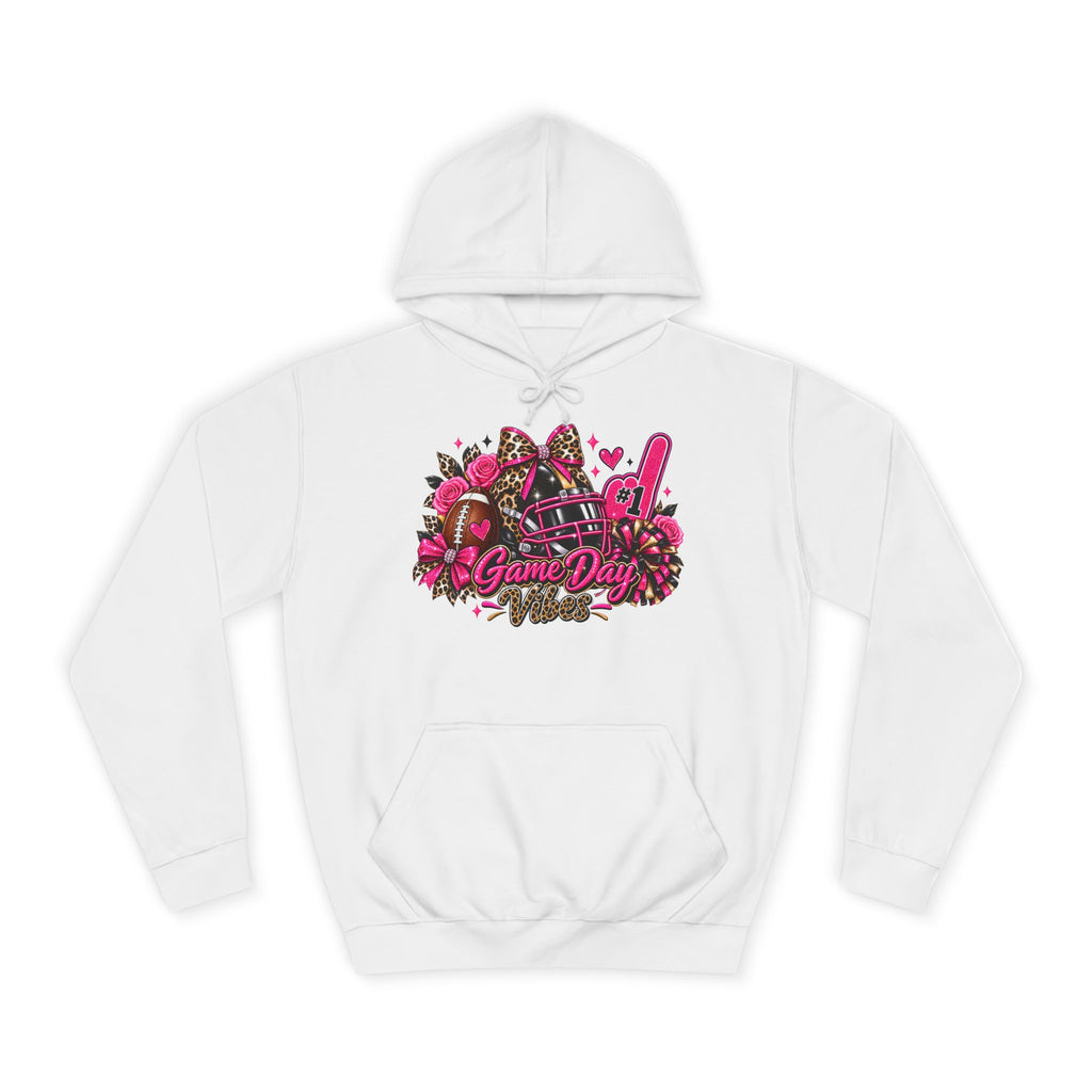 Game Day Cheer Hoodie — Pink Football Floral Design, white hoodie with pink football, floral cheer graphic, and front kangaroo pocket. Printify.