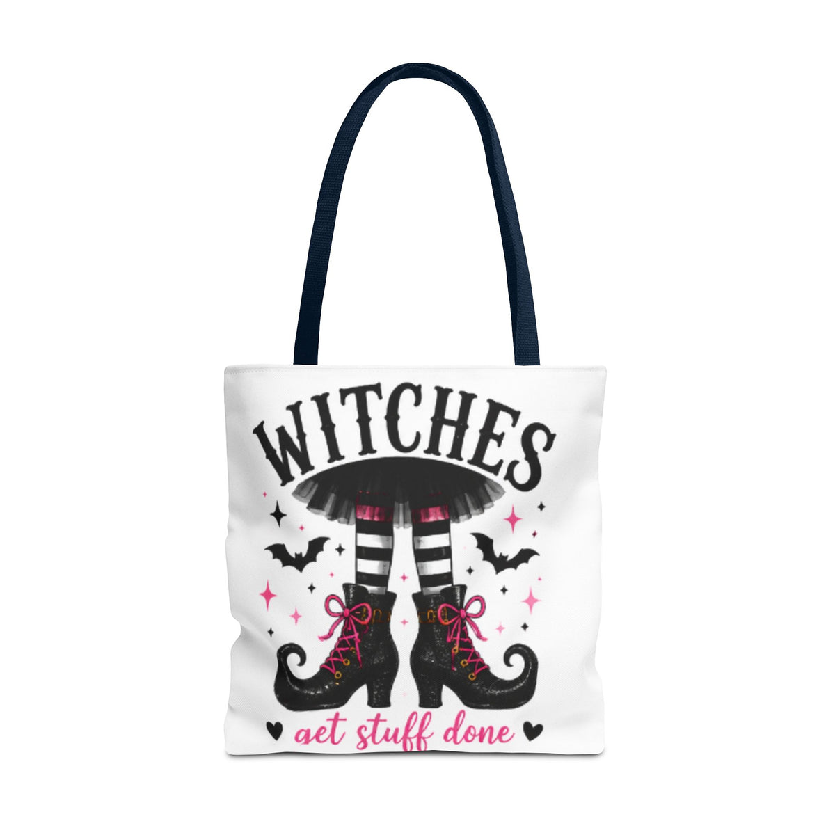 White tote bag with dark navy handles, WITCHES graphic and "get stuff done" caption.
