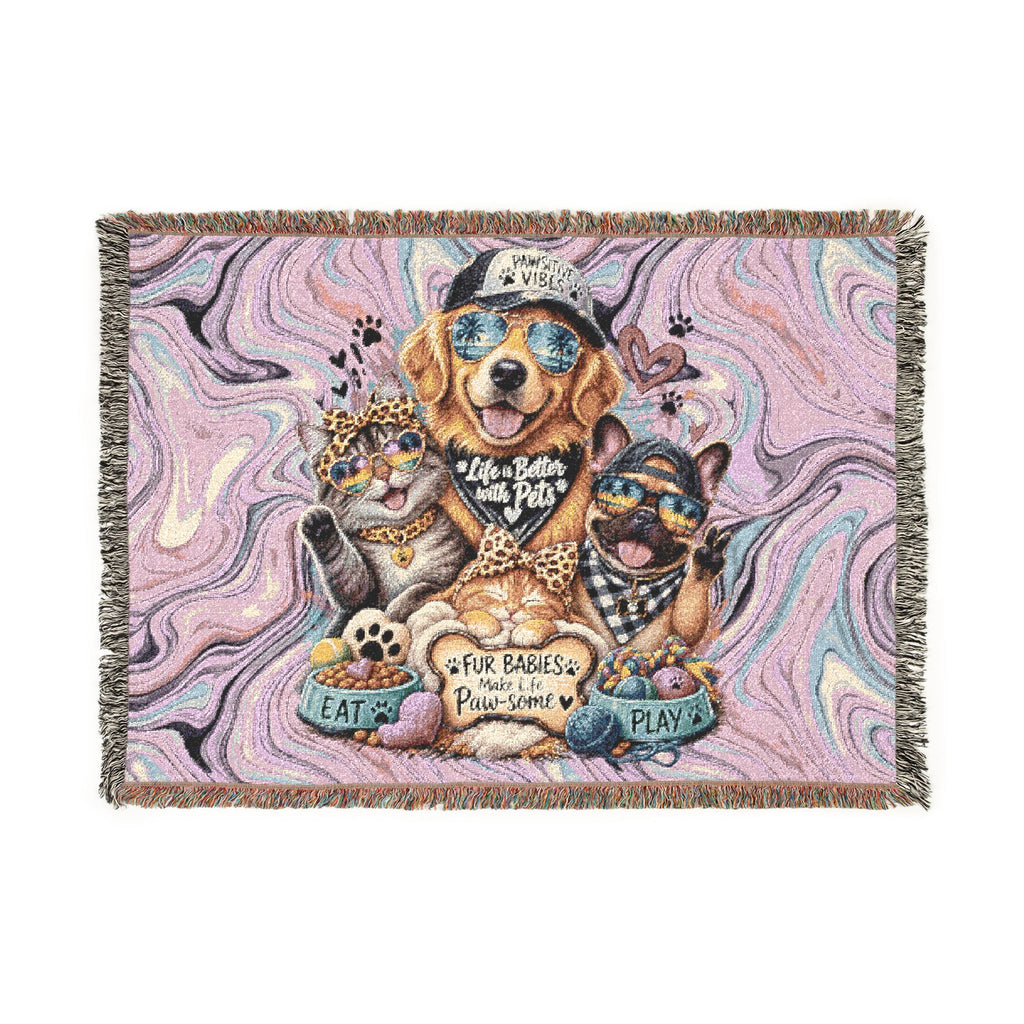 Psychedelic Pet Portrait Woven Blanket — Dog & Cats Floral Tapestry Throw