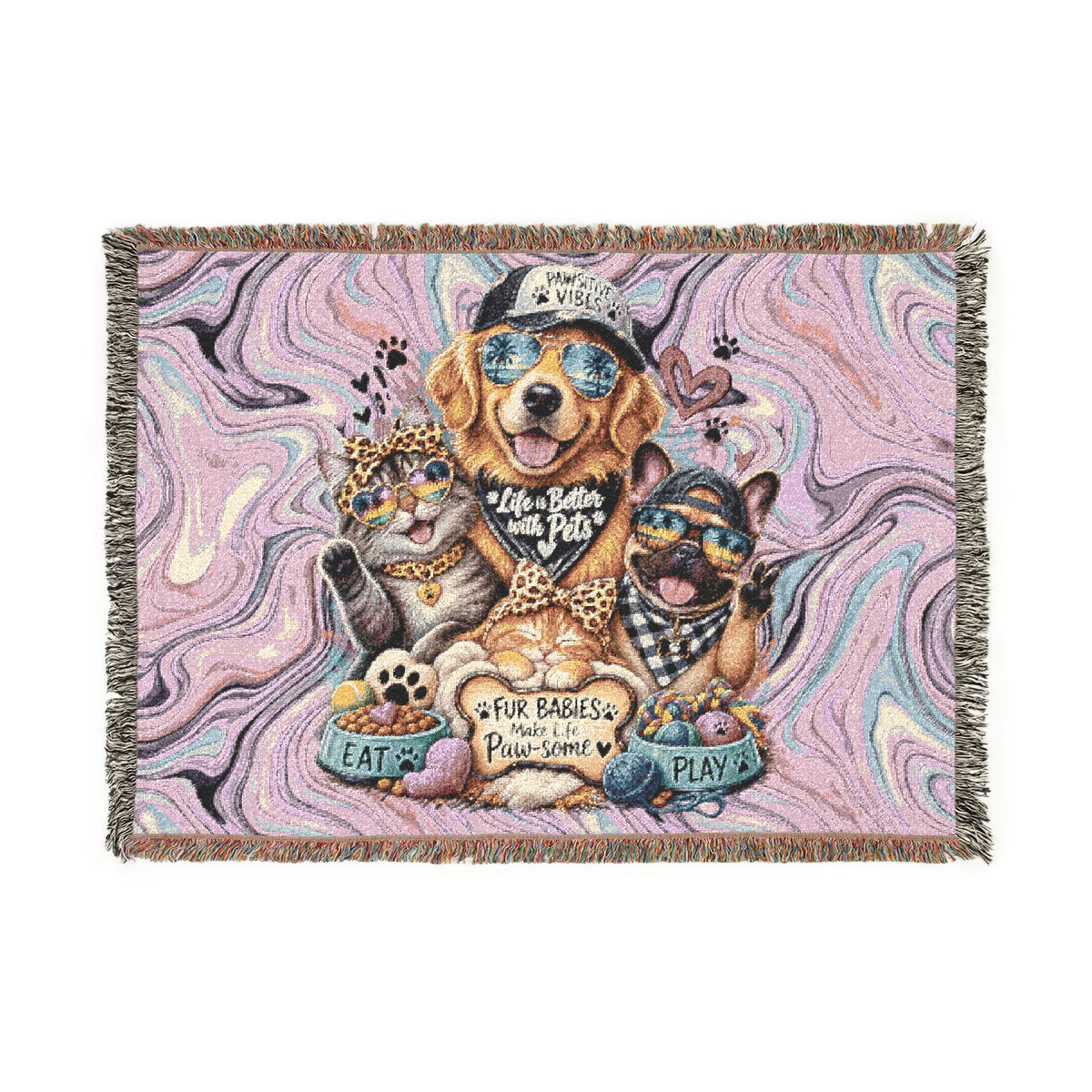 Psychedelic Pet Portrait Woven Blanket — Dog & Cats Floral Tapestry Throw