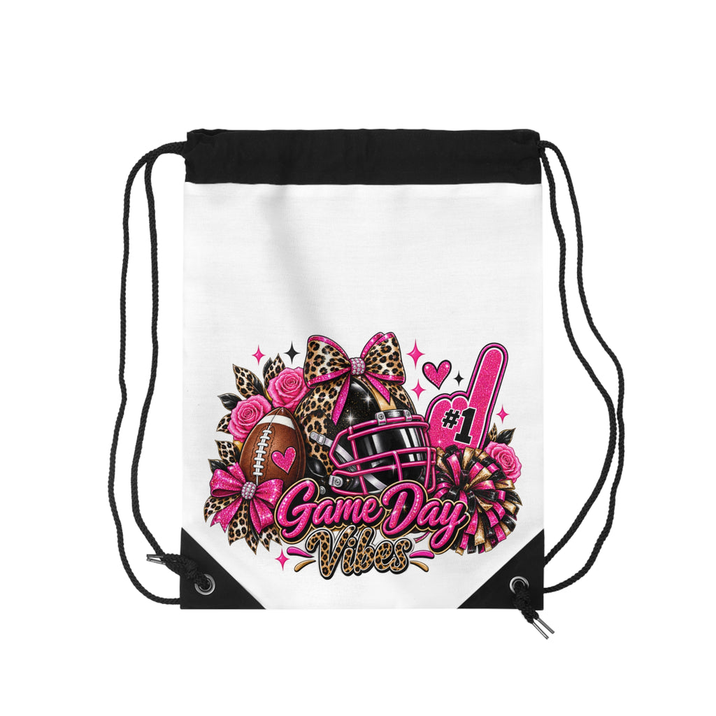 Game Day Vibes Drawstring Bag — Pink Football Cheer Design