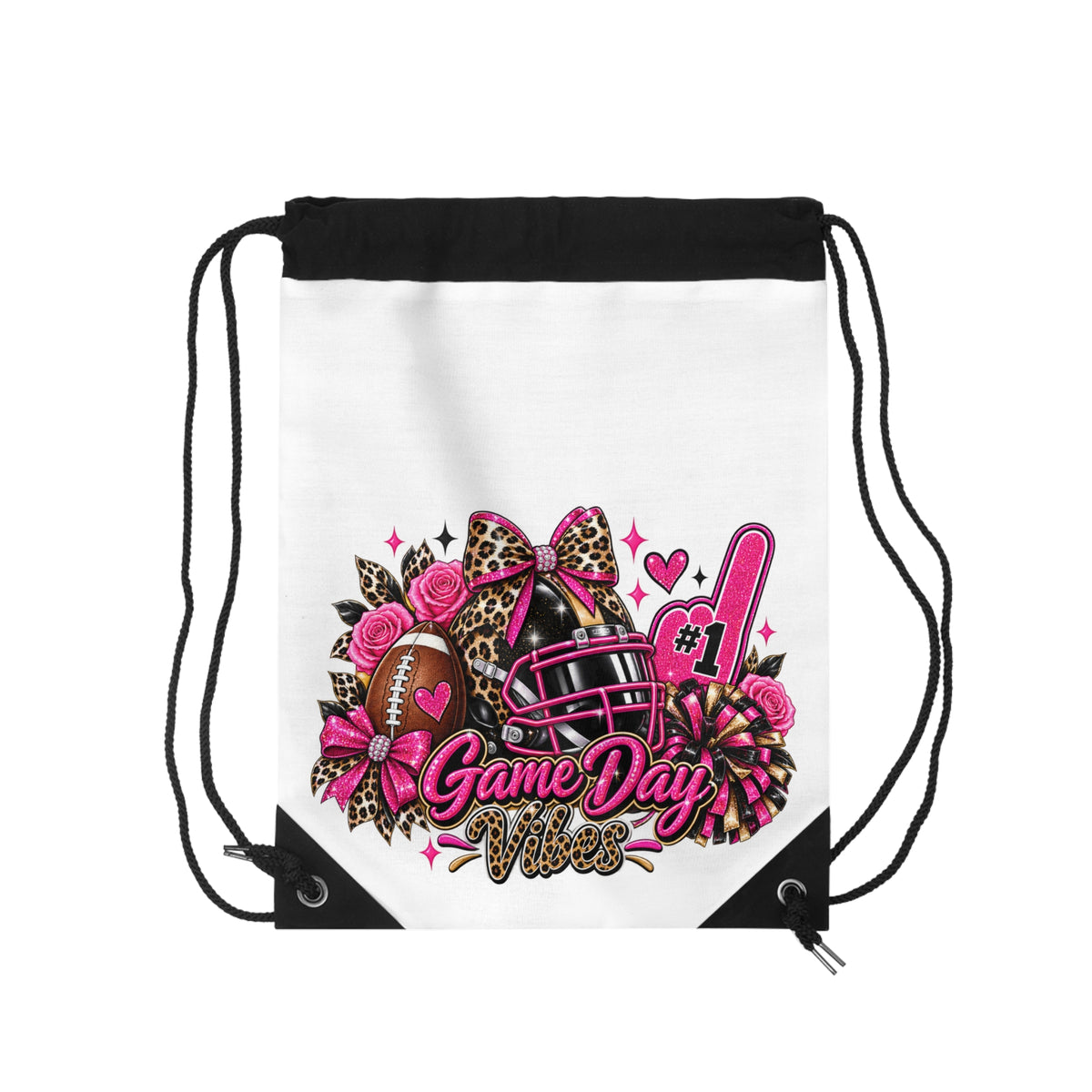 Game Day Vibes Drawstring Bag — Pink Football Cheer Design