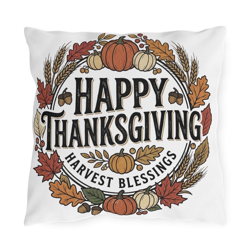 Happy Thanksgiving Harvest Blessings Outdoor Pillow — Fall Pumpkin & Leaf Decorative Throw