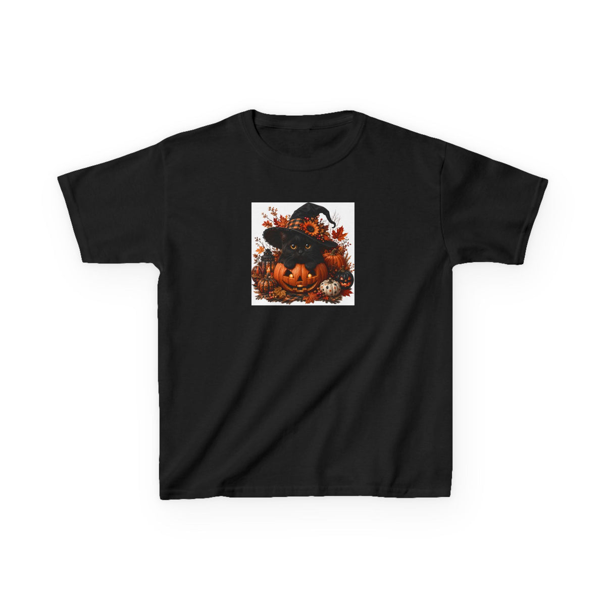 Kids Tee — Halloween Black Cat with Witch Hat & Pumpkins