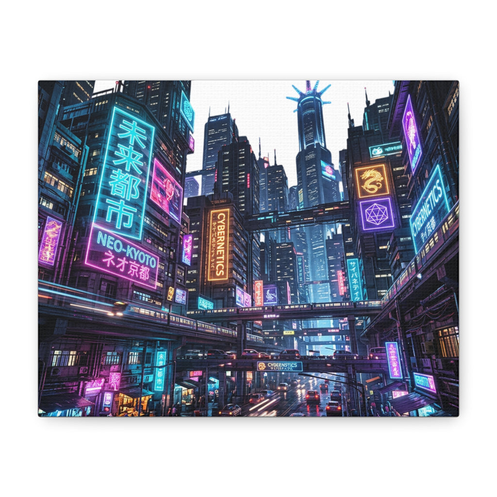 Neo-Kyoto Cyberpunk City Matte Canvas Print