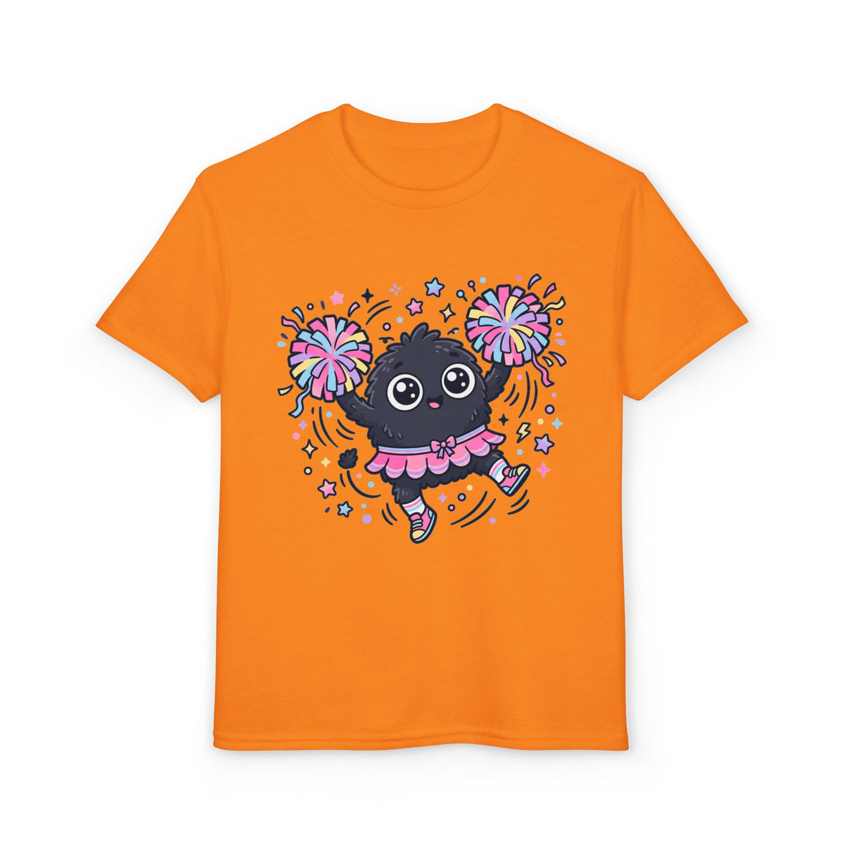 Cute Black Kitty Cheerleader Youth T-Shirt — Pom-Pom Dancing Cat Tee