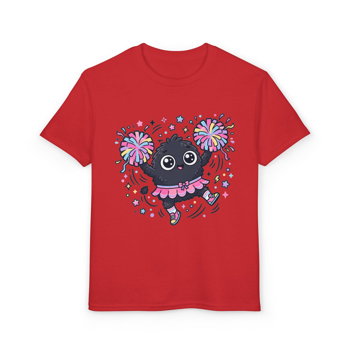 Cute Black Kitty Cheerleader Youth T-Shirt — Pom-Pom Dancing Cat Tee