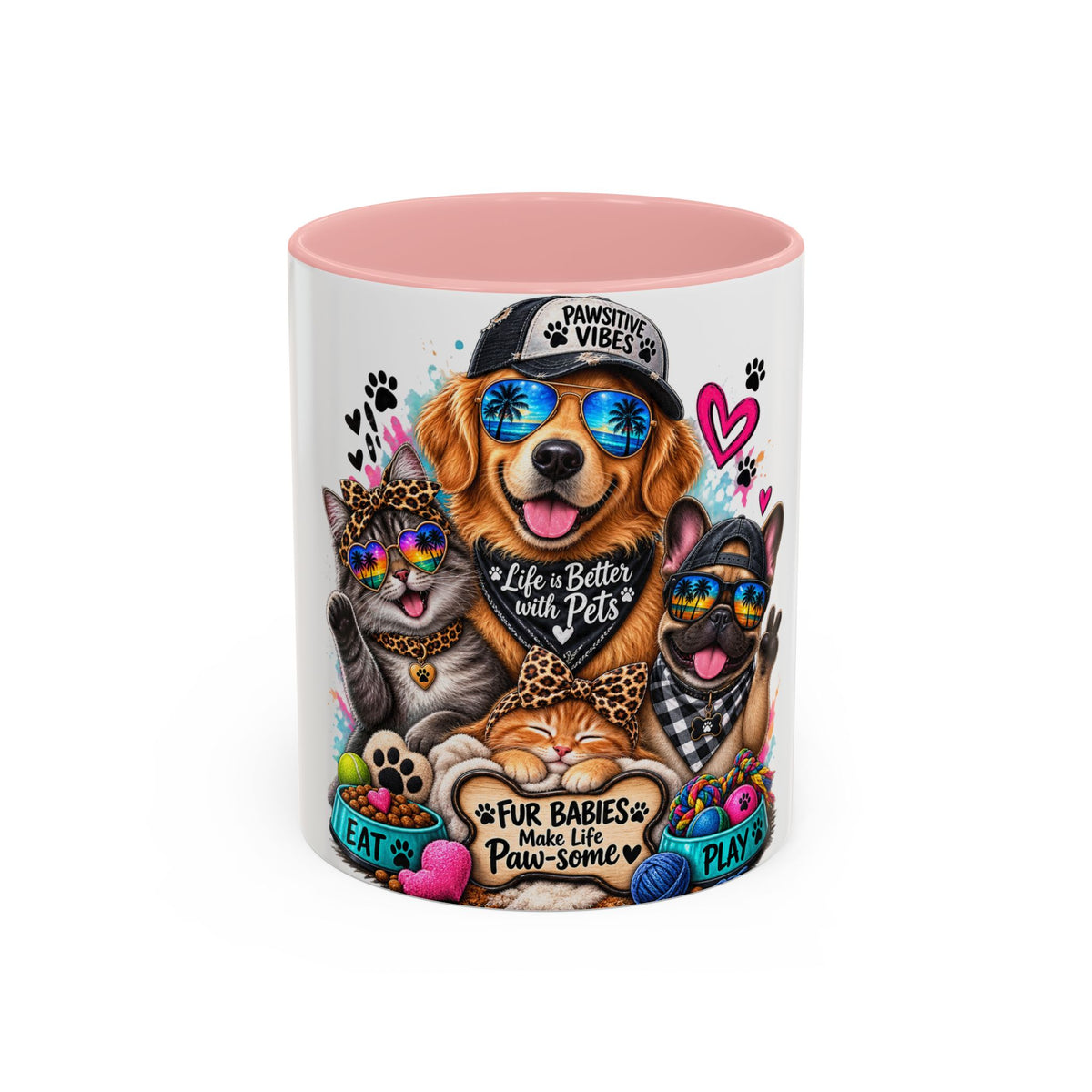 Coffee Mug — "Life is Better with Pets" Colorful Dog & Cat Paw-some Design (11/15 oz)