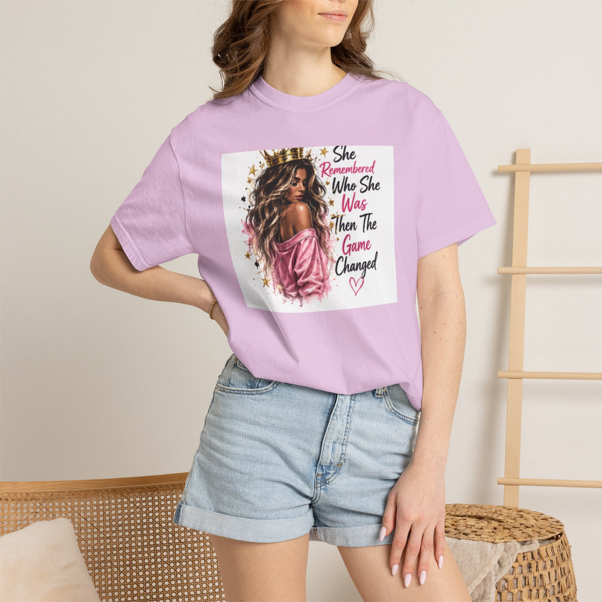 T-Shirt — 'She Remembered Who She Was' Empowerment Tee (Woman Portrait, Inspirational Quote)