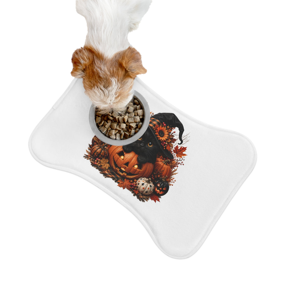 Halloween Cat Pet Feeding Mat – Black Kitten in Witch Hat Pumpkin Design