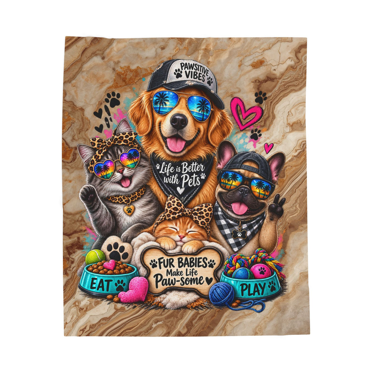 Velveteen Plush Blanket — "Life Is Better with Pets" Cute Dog & Cat Paw-Some Throw