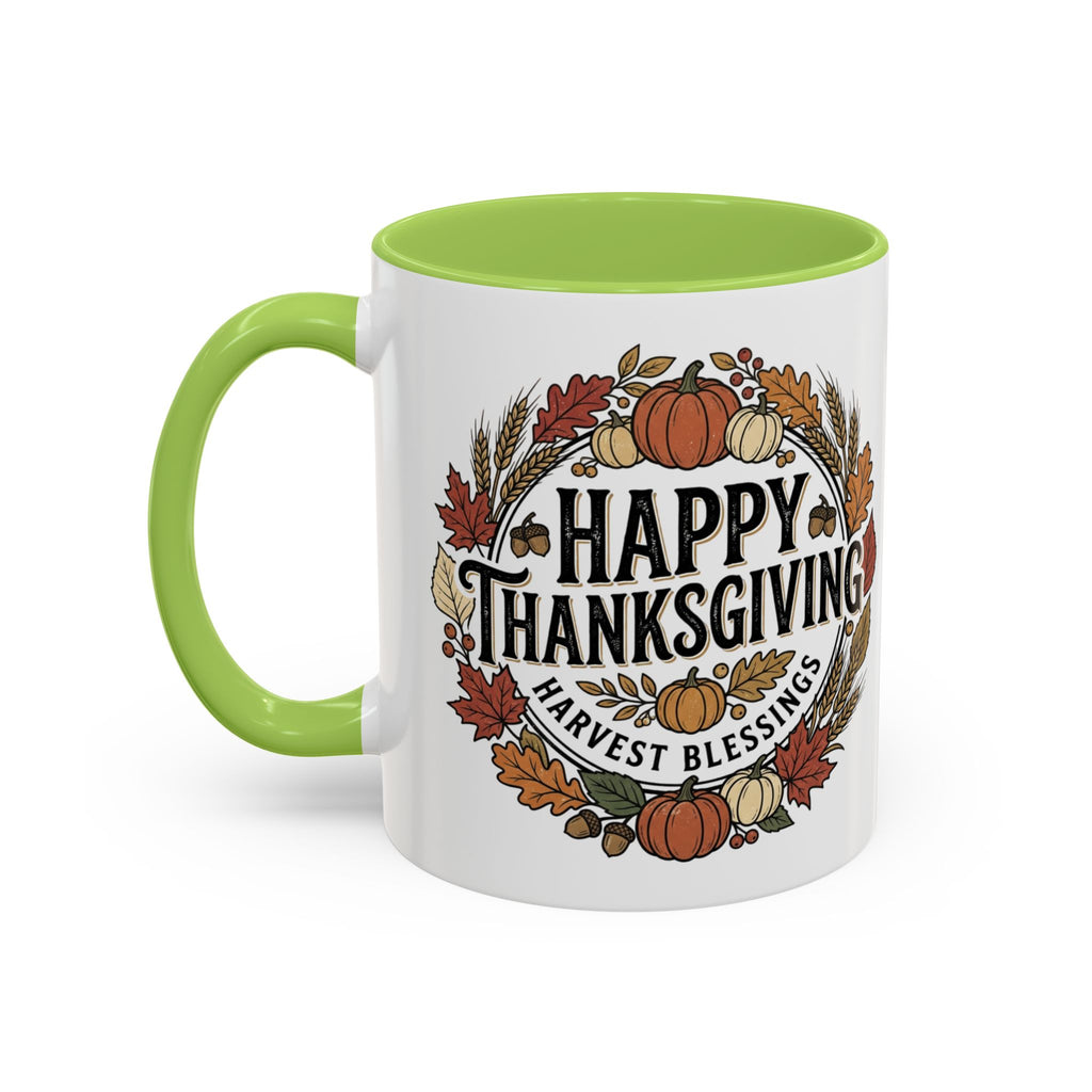Happy Thanksgiving Accent Coffee Mug — "Harvest Blessings" Fall Pumpkin Wreath (11/15 oz)