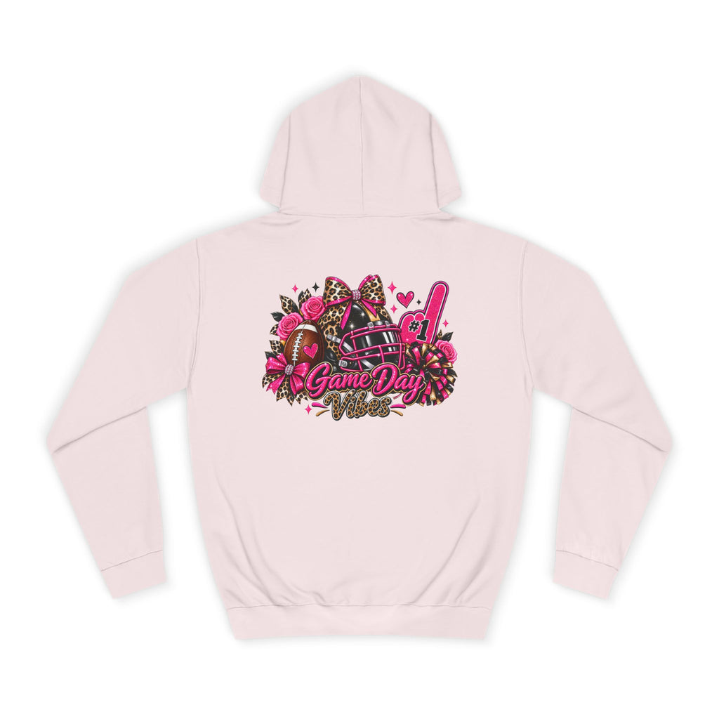 Game Day Cheer Hoodie — Pink Football Floral Design by Printify, light pink pullover shown from the back with a colorful football, floral cheer graphic, and Game Day lettering