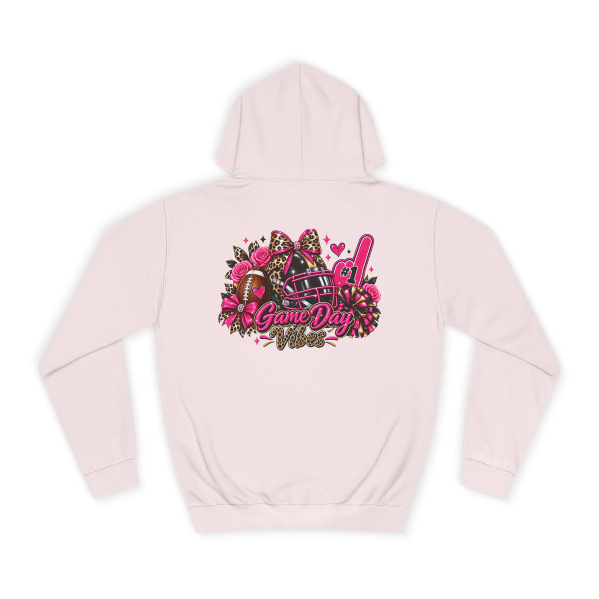 Game Day Cheer Hoodie — Pink Football Floral Design by Printify, light pink pullover shown from the back with a colorful football, floral cheer graphic, and Game Day lettering