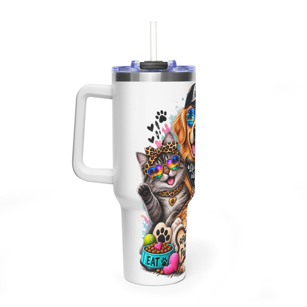 40oz Vacuum Tumbler — "Life is Better with Pets" Colorful Dog & Cat Travel Mug