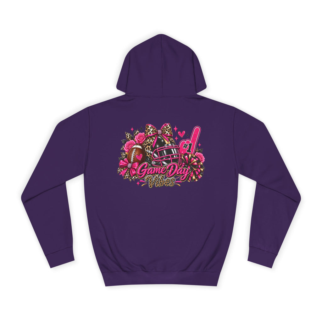 Game Day Cheer Hoodie — Pink Football Floral Design, purple pullover hoodie with hood and colorful floral football cheer graphic, by Printify