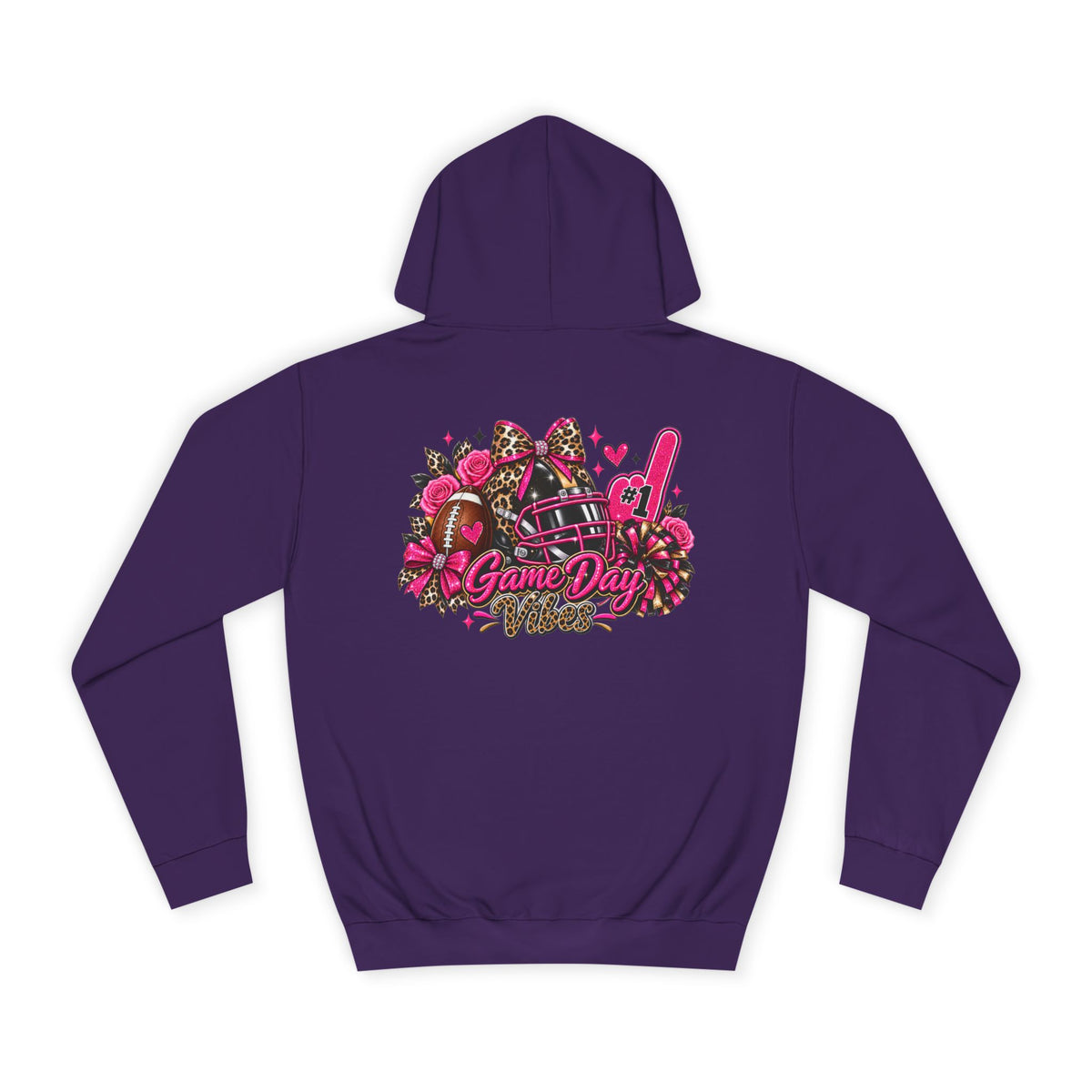 Game Day Cheer Hoodie — Pink Football Floral Design, purple pullover hoodie with hood and colorful floral football cheer graphic, by Printify