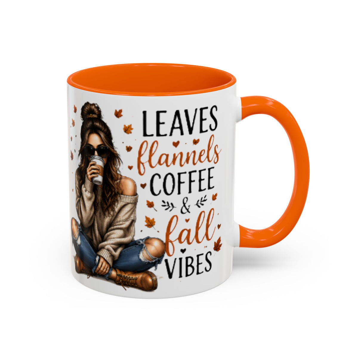 Autumn coffee mug with orange handle, white body, “Leaves flannels coffee & fall vibes” print